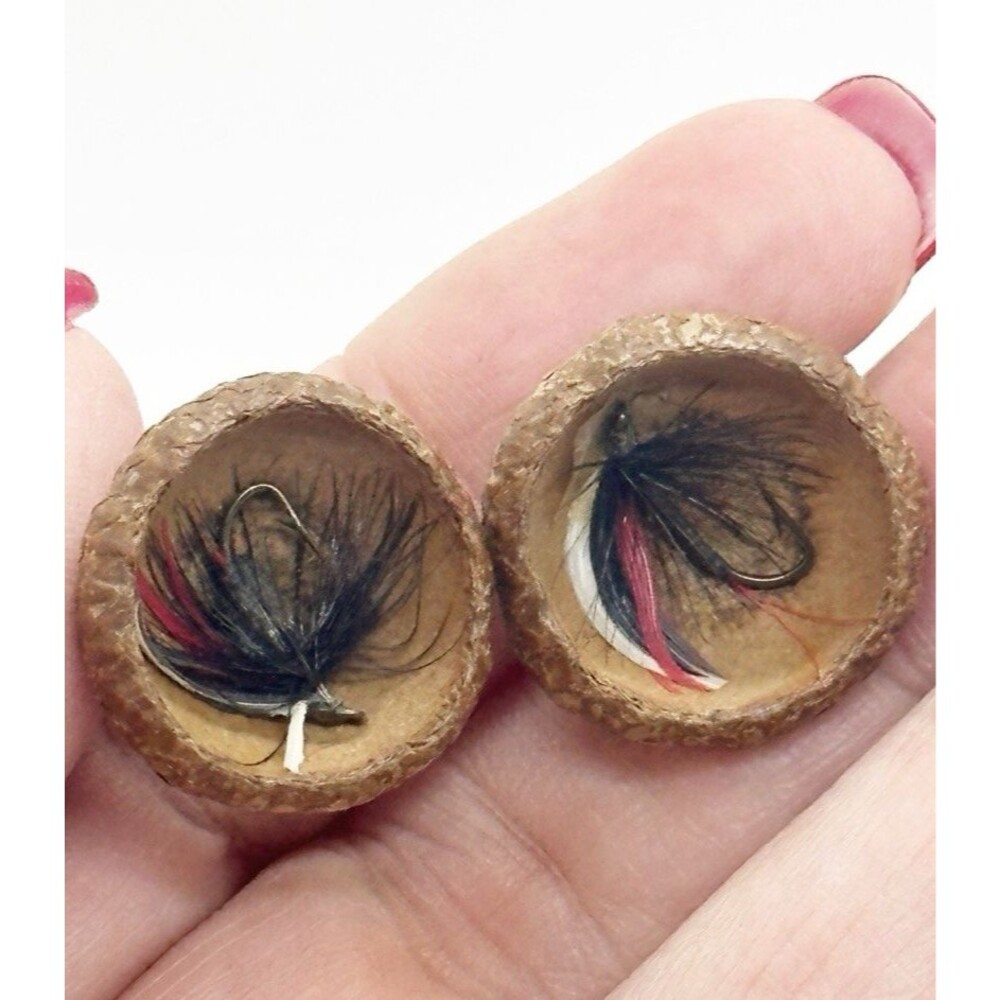 Vintage Acorn Cap Earrings Fly Fishing Hook Screw Back